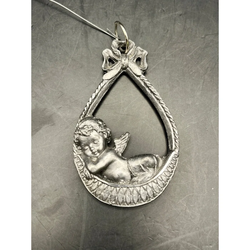 Vtg‎ Peltro Pewter Angel Ornament Italian Sleeping Cherub in Teardrop Christmas